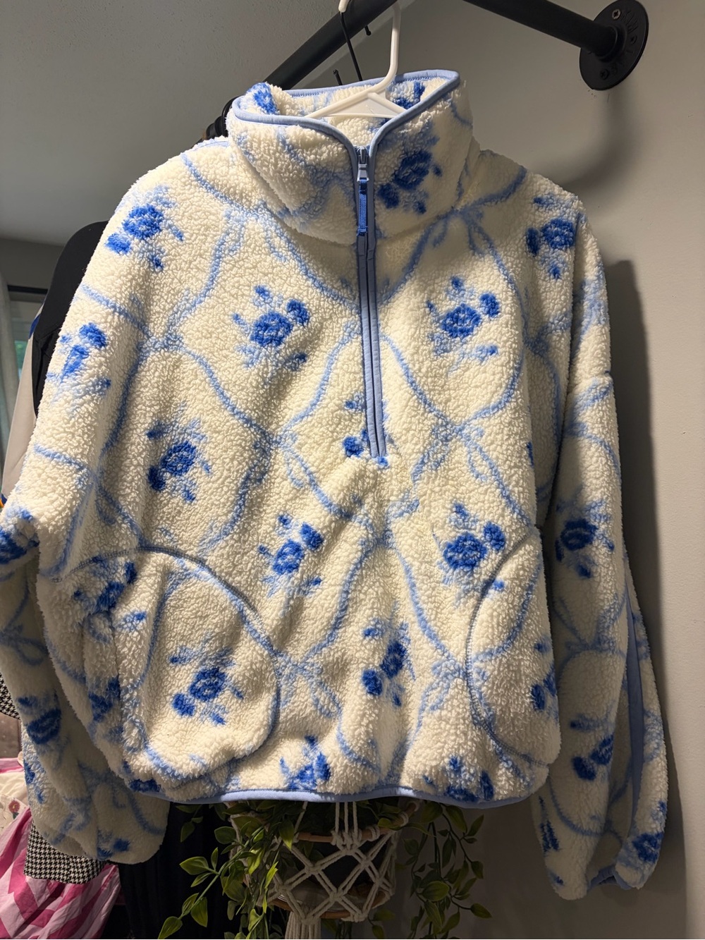 Old Navy Cream Sherpa Pullover with Blue Floral Pattern